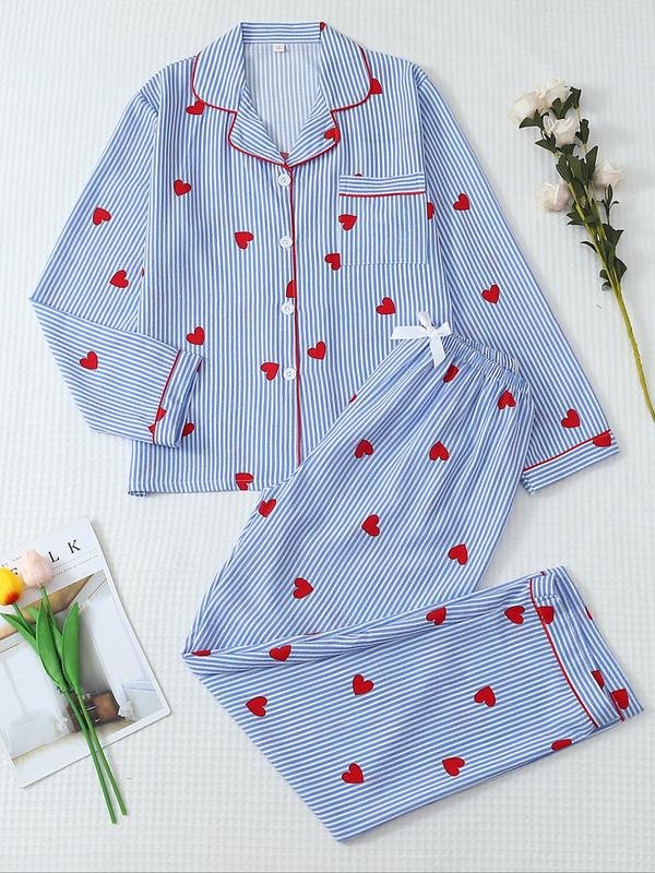 Pigiama da donna a maniche lunghe a righe con stampa a fiocco, grazioso set con parte superiore abbottonata e pantaloni, abbigliamento casual per la casa per tutte le stagioni