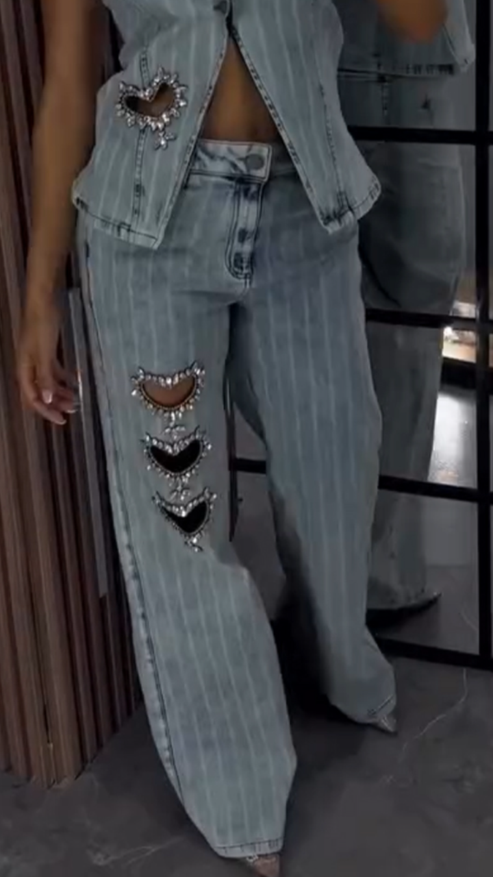 Ensemble décontracté en jean avec strass et estampe à chaud en forme de cœur, col rond pour femme