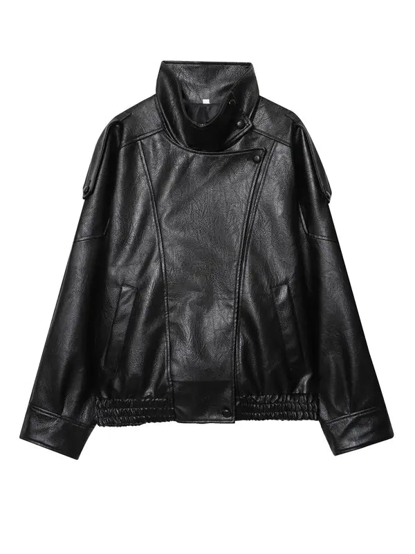 Giacca in Ecopelle Nera Collo Coreana Oversize Stile Moto Biker Orlo Elasticizzato Streetwear Casual Maniche Lunghe Impermeabile Antivento Capispalla per Primavera & Autunno, Abbigliamento Donna per Tutti i Giorni
