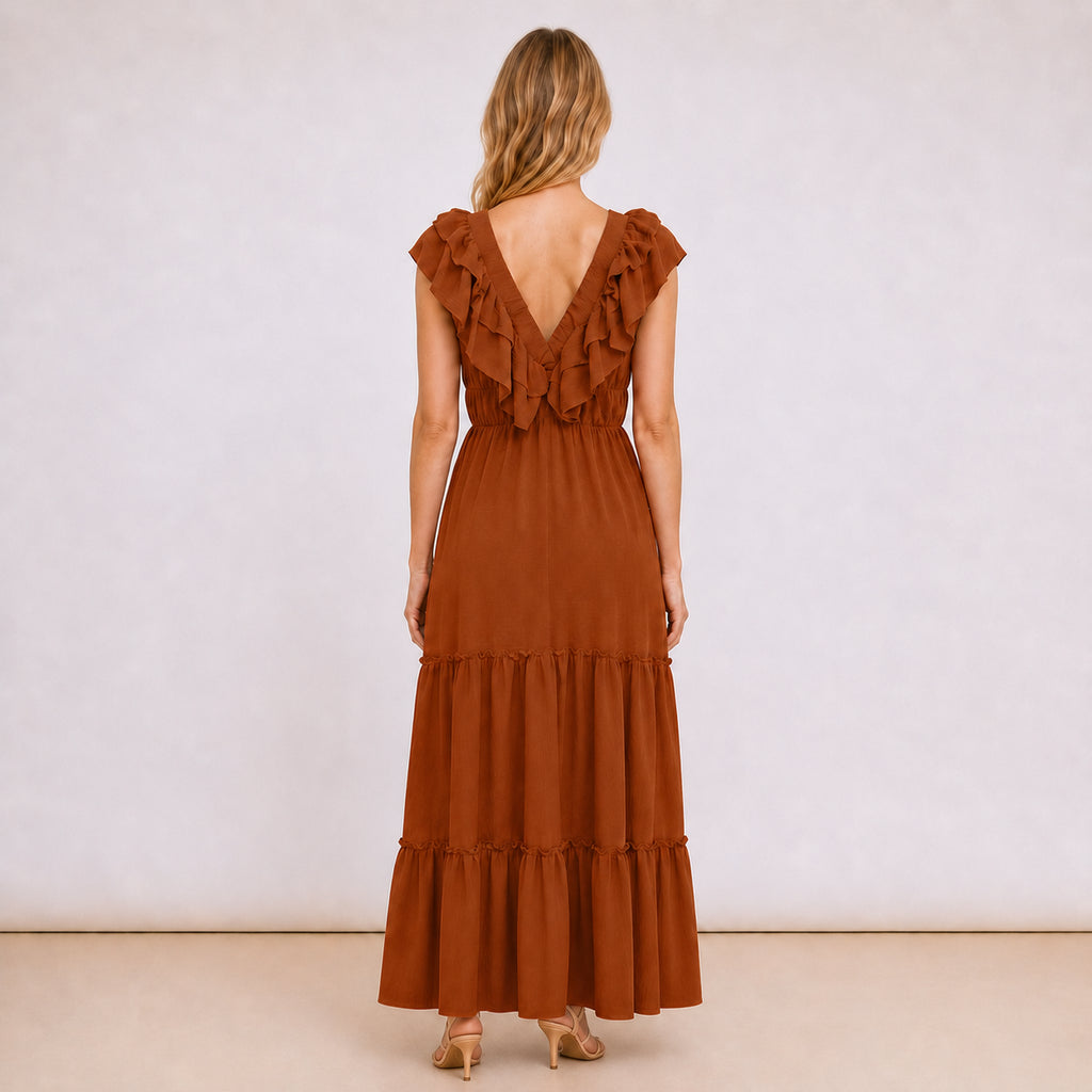 [2026.NOHO] Carmen, Vestito Lungo Con Balze E Volant Sullo Scollo A V