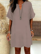 Vestito Midi da Donna a Maniche Corte con Scollo a V, Vestito Casual Chic con Spalle Scivolate e Linea ad A per l'Estate, Vestito Comodo ed Elegante