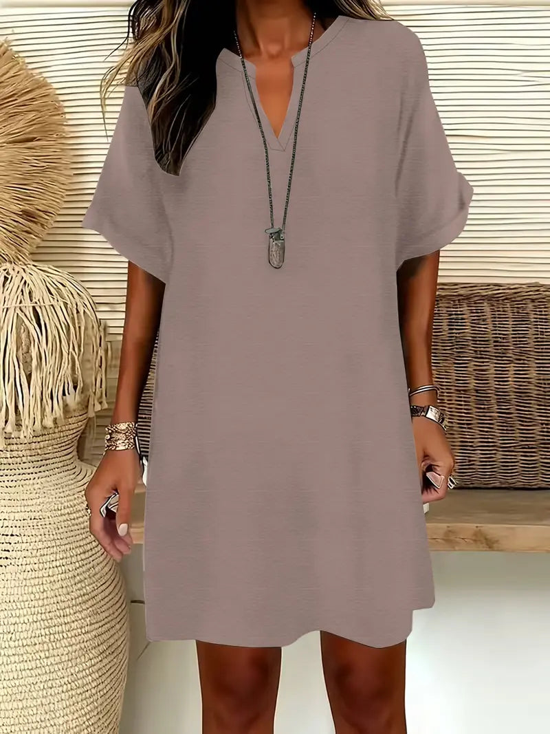 Vestito Midi da Donna a Maniche Corte con Scollo a V, Vestito Casual Chic con Spalle Scivolate e Linea ad A per l'Estate, Vestito Comodo ed Elegante