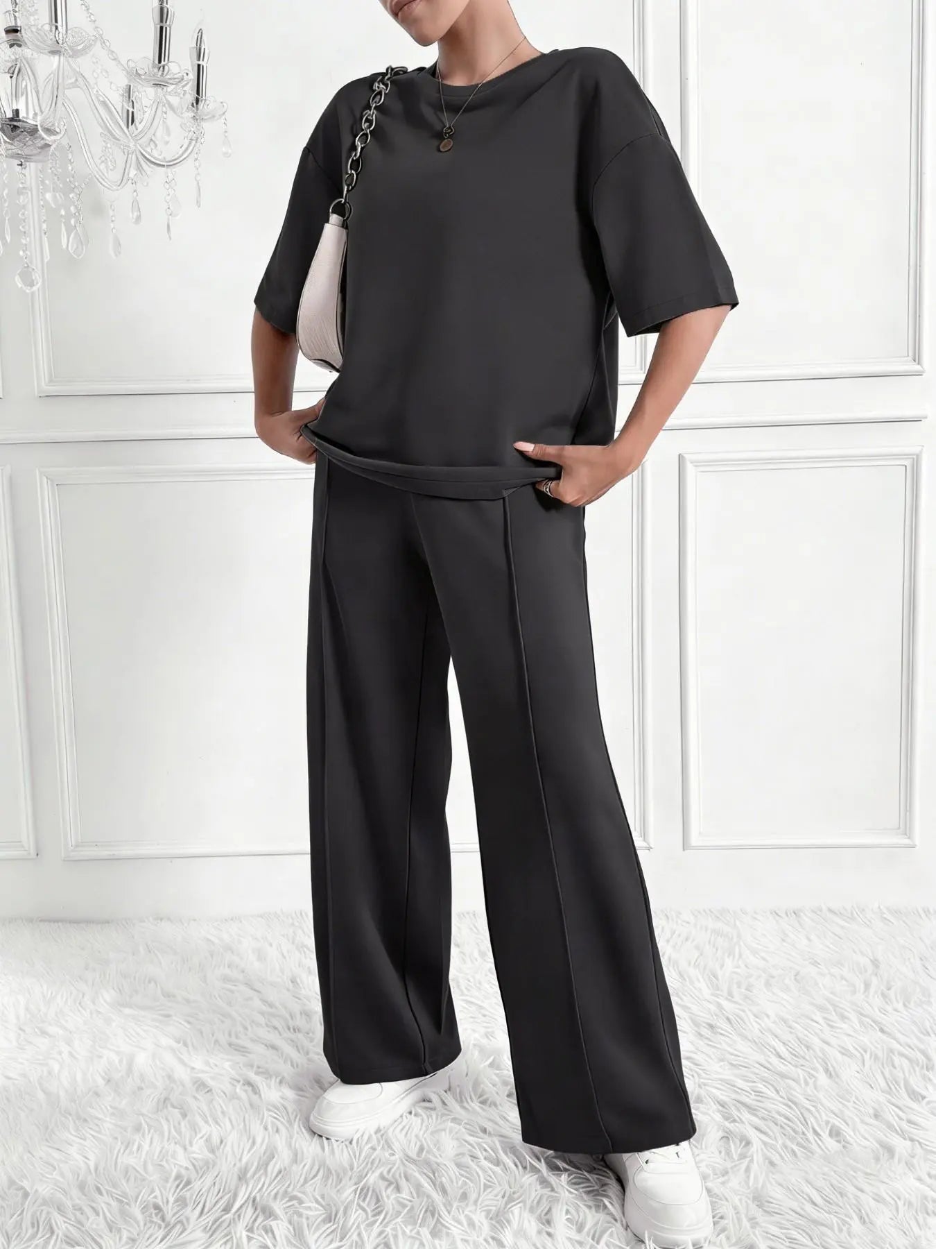 Ensemble deux pièces décontracté de couleur unie pour femme, ensemble coordonné ample et confortable pour le printemps et l'été, parfait pour le quotidien et le sport