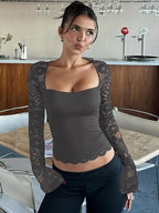 Maglietta da donna a maniche lunghe in pizzo floreale a tinta unita con volant, maglietta a maniche lunghe trasparente con motivo floreale sexy slim-fit per feste in discoteca, abbigliamento estivo da donna, top