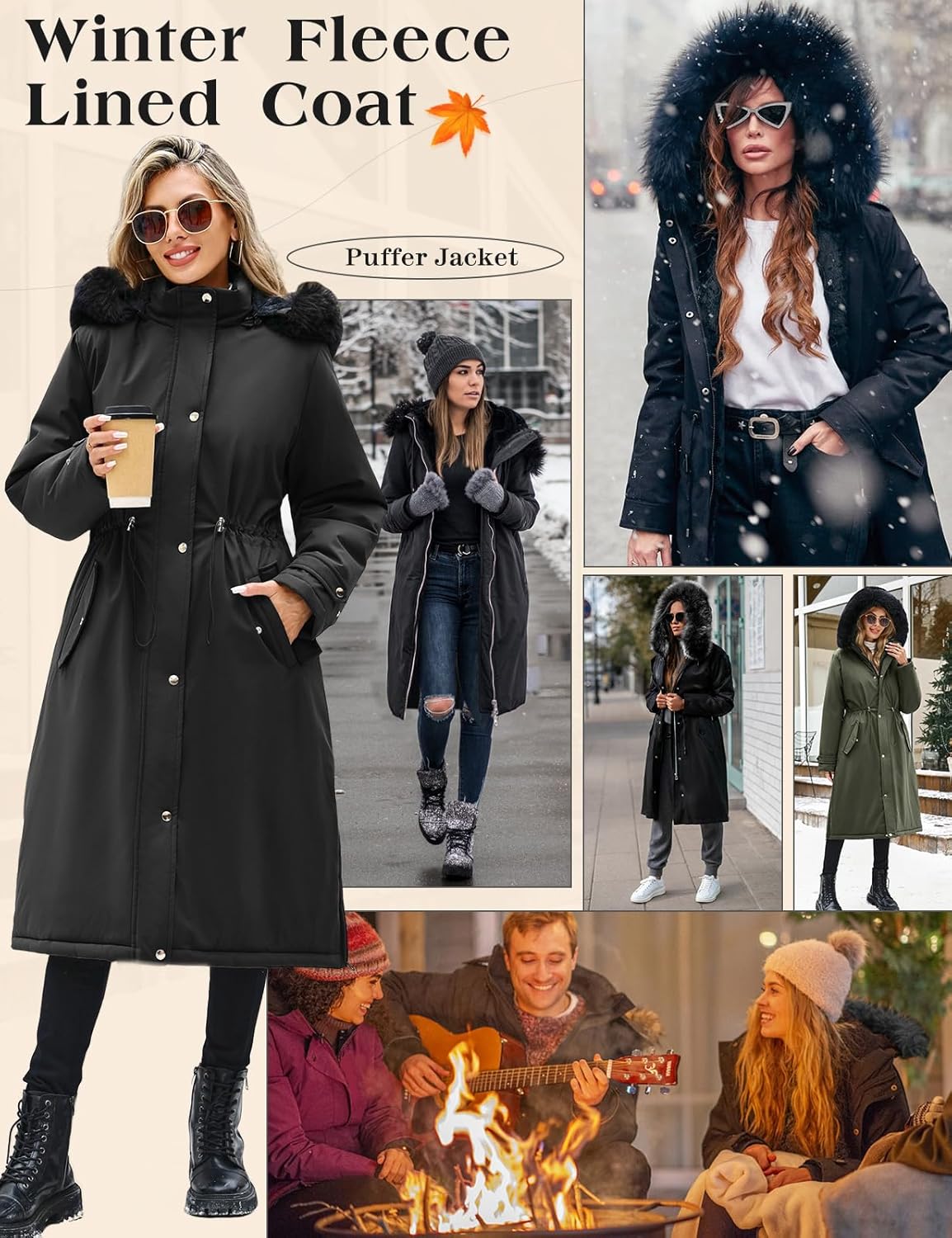 Manteaux longs pour femmes Manteaux longs chauds doublés en polaire d'hiver pour femmes, parka imperméable et coupe-vent, manteau avec fermeture éclair, boutons, cordon de serrage à la taille, avec poches et capuche amovible