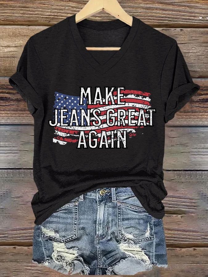 🔥Compra 3 e ricevi il 15% di sconto🔥T-shirt con scollo a V e stampa retrò "Make Jeans Great Again"