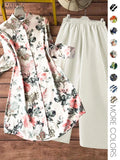 Set Due Pezzi da Donna Stampa All-Over Camicia Bottoni & Pantaloni a Gamba Larga, Top Casual a Maniche Lunghe con Colletto & Pantaloni per Uso Quotidiano, Abbigliamento Donna per Tutte le Stagioni