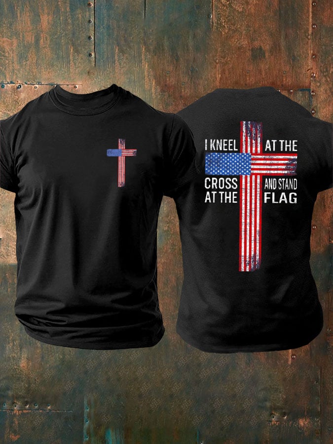 Men's I Kneel At The Cross And Stand At The Flag Print T-Shirt