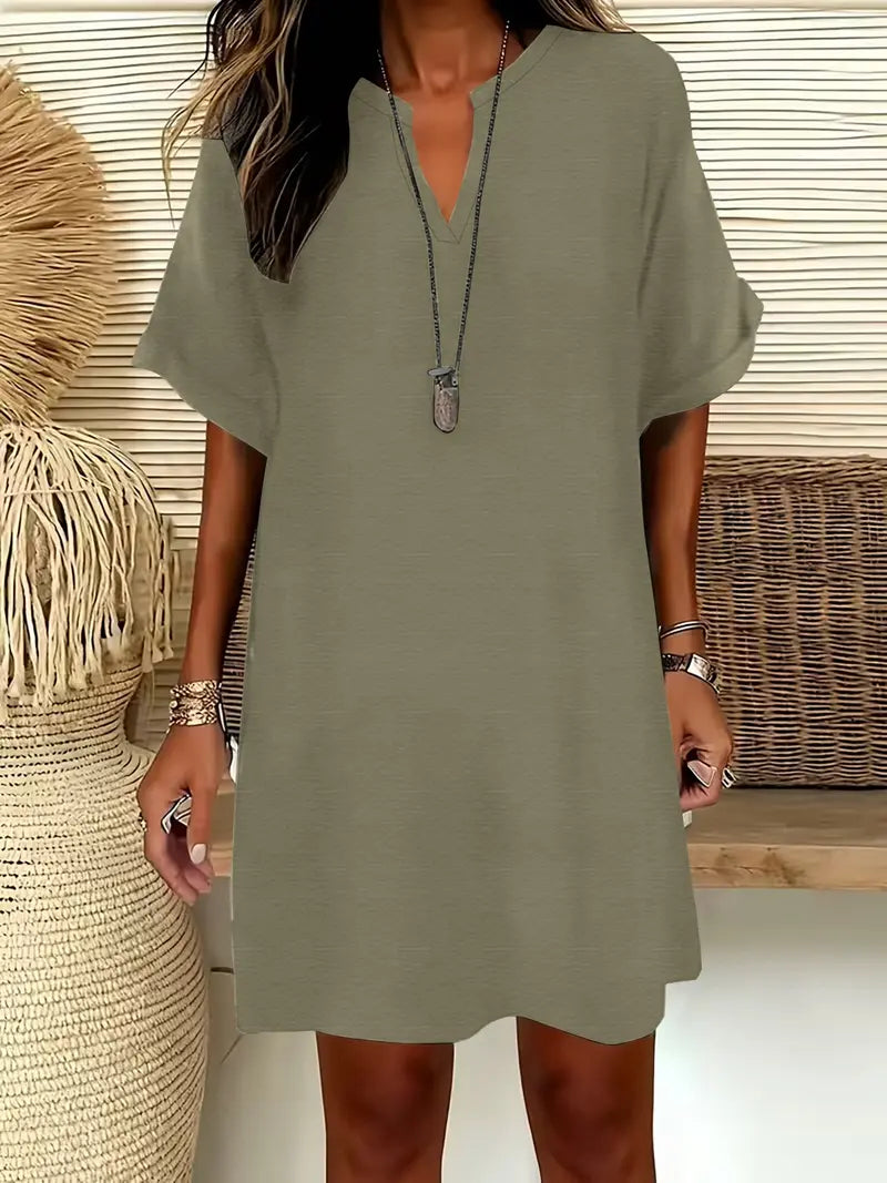 Vestito Midi da Donna a Maniche Corte con Scollo a V, Vestito Casual Chic con Spalle Scivolate e Linea ad A per l'Estate, Vestito Comodo ed Elegante