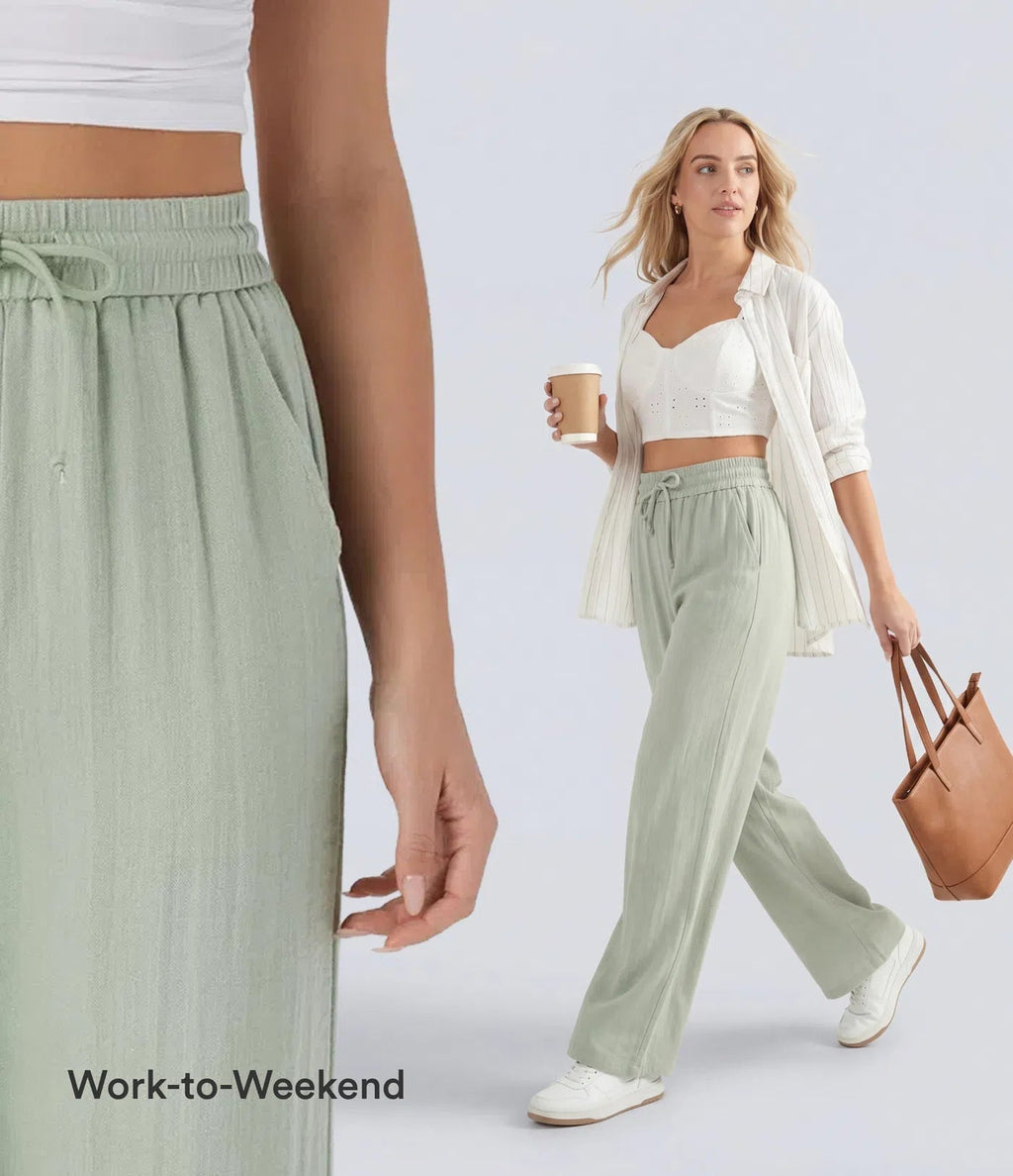 Pantalon ample taille haute en lin avec cordon de serrage et grandes poches