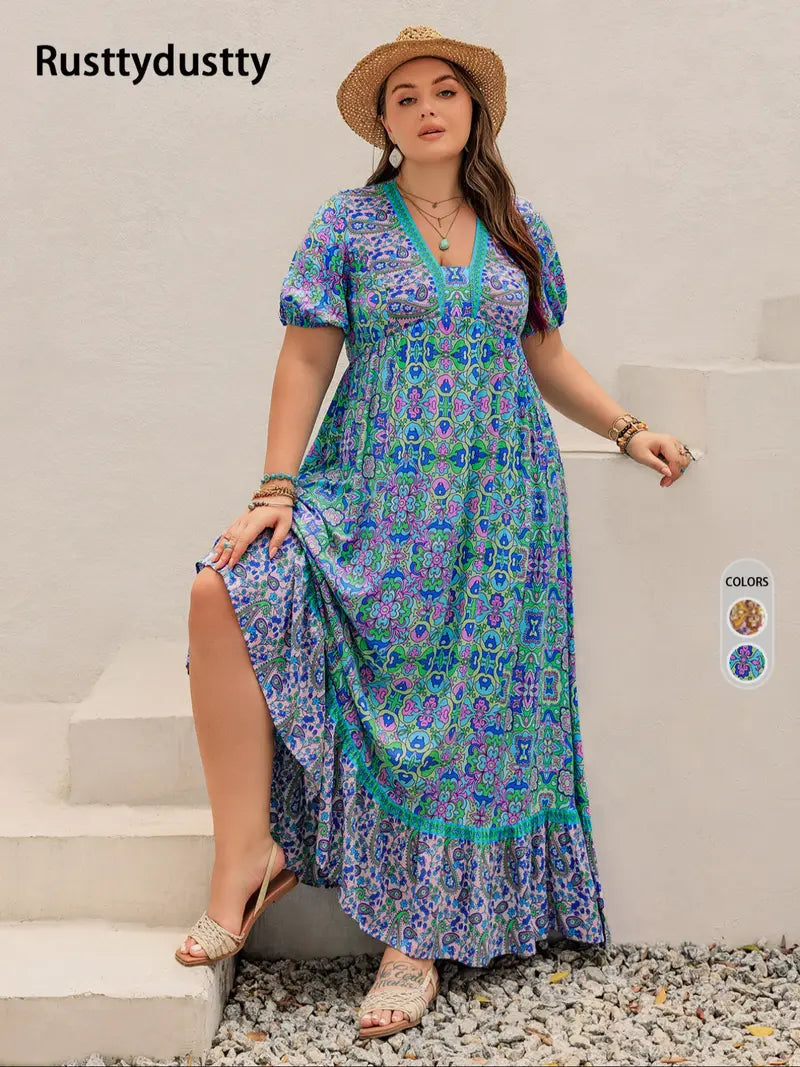 Robe Courte Grande Taille Imprimée Fleurie à Manches Courtes
