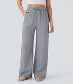 Pantalon ample taille haute en lin avec cordon de serrage et grandes poches