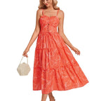 Robe longue bohème décontractée pour femme - Robe d'été à bretelles spaghetti smockée à volants avec poches, grande taille, vêtements bohèmes pour femme