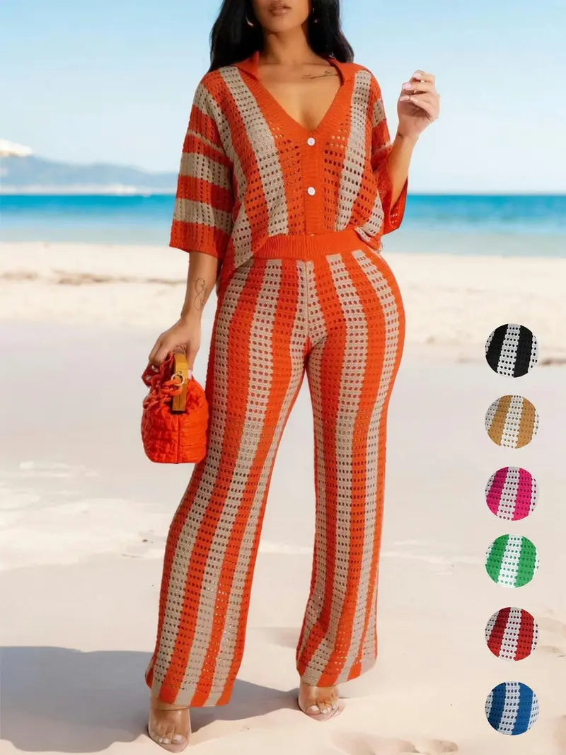 Ensemble deux pièces femme - Haut color block rayé découpé boutonné et pantalon large