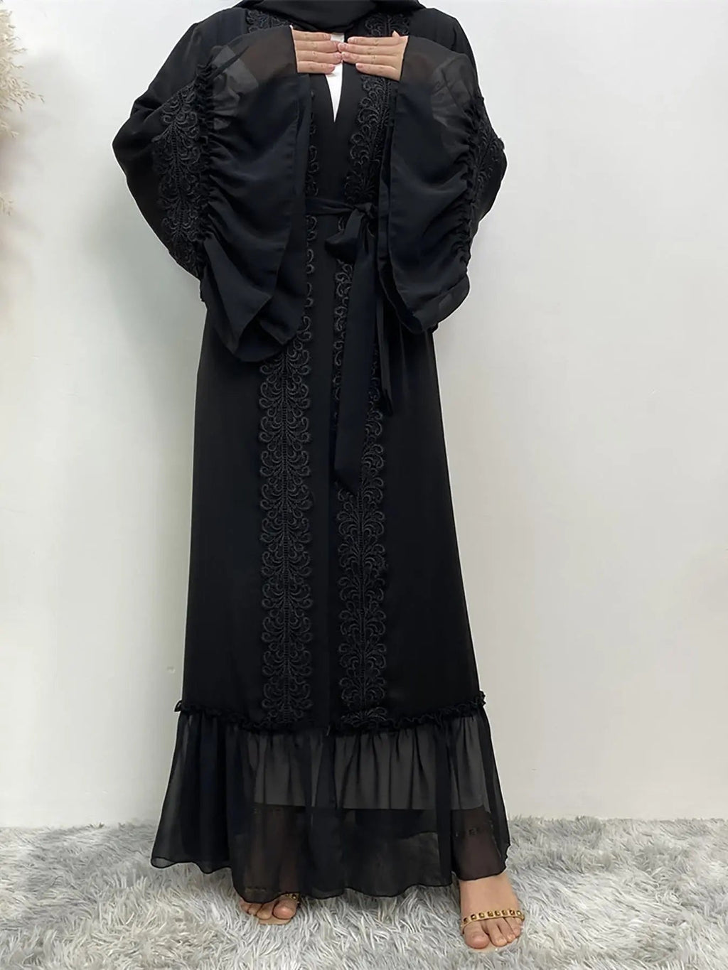 Abbigliamento Arabo - Abaya Cinghiata con Pizzo a Contrasto senza Hijab, Abiti Estivi, Abito a Maniche Lunghe con Volant alla Moda Araba, Abbigliamento Abaya Modesto per Donna, Abaya Islamica