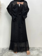 Abbigliamento Arabo - Abaya Cinghiata con Pizzo a Contrasto senza Hijab, Abiti Estivi, Abito a Maniche Lunghe con Volant alla Moda Araba, Abbigliamento Abaya Modesto per Donna, Abaya Islamica