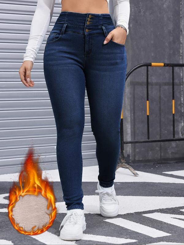 Jean en denim épais doublé polaire pour femme, haute élasticité, mode automne-hiver, jean amincissant confortable, style élégant