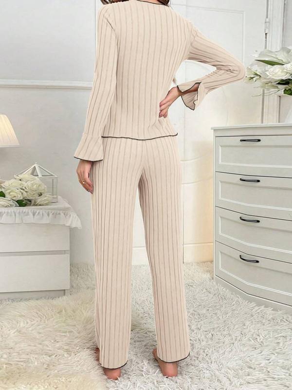 Ensemble deux pièces de vêtements de détente pour femmes, haut et pantalon unis avec bordure festonnée, ensemble pyjama décontracté et confortable à manches longues, col en V et pantalon, vêtements de nuit pour femmes pour toutes les saisons