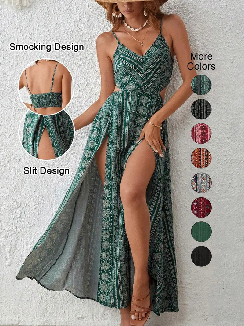 Robe moulante rayée bohème pour femme, fendue aux cuisses, dos nu à bretelles spaghetti, parfaite pour les vacances à la plage et superposer
