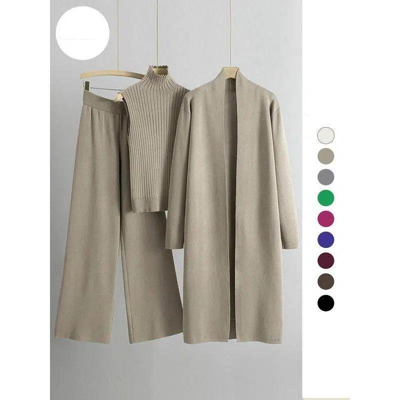 Ensemble trois pièces tendance : débardeur à col roulé en maille, pantalon large et cardigan long ouvert, vêtements décontractés pour femme
