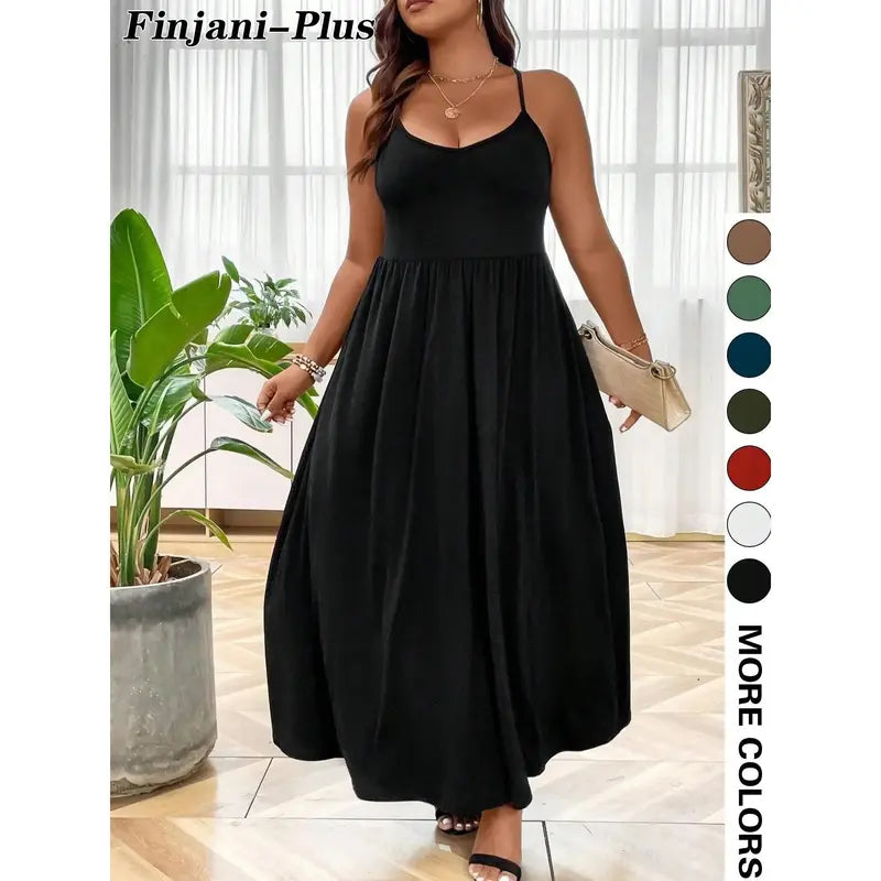 Robe Caraco Grande Taille sans Dos et Croisée, Robe trapèze décontractée unie sans manches à fines bretelles pour l'été, Vêtements pour femmes pour fête et vacances