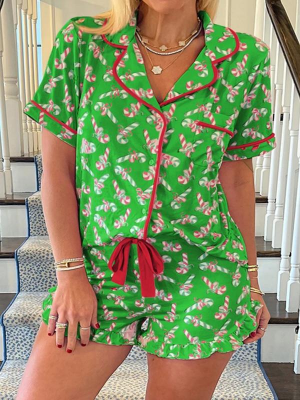 Completo pigiama da donna di 2 pezzi, pantaloncini a maniche corte, con stampa a bastoncino di zucchero natalizio, bottoni, colletto, fiocchi, adatto per un abbigliamento comodo e casual in casa per tutte le stagioni