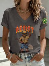 V-Neck Retro Resist Save The Forest Service Print T-Shirt