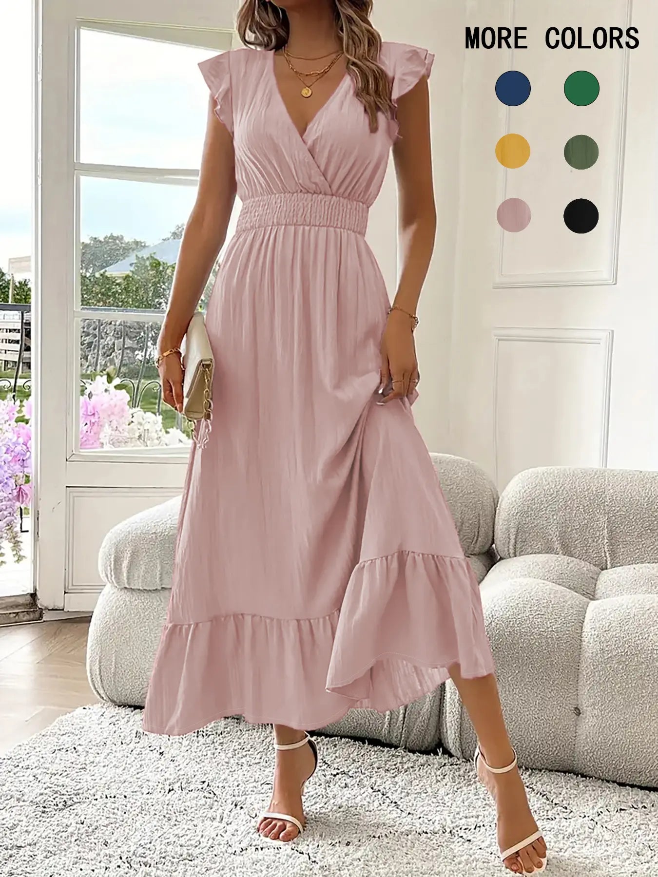 Robe Longue Fluide Femme Col V, Élégante et Décontractée pour Tous les Jours, Robe d'Été pour Femme
