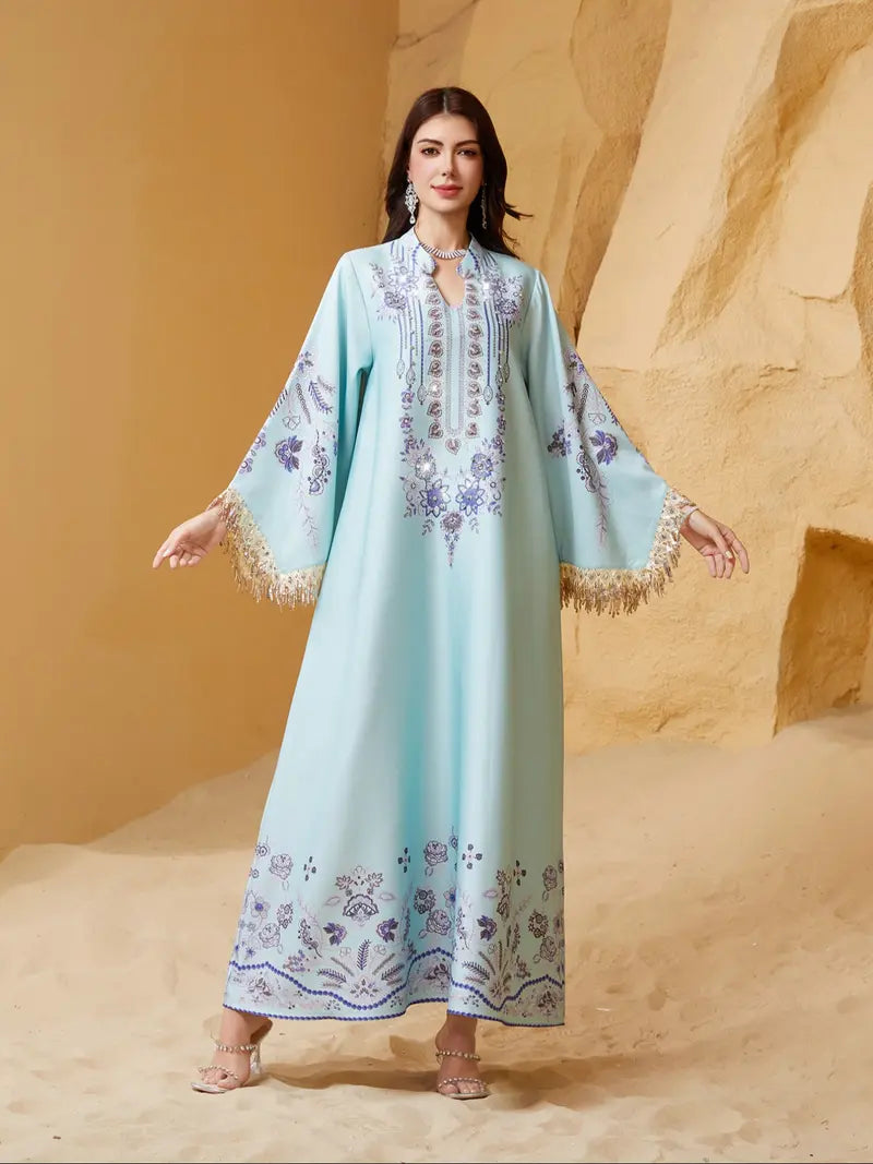 Abito lungo elegante da donna, vestibilità ampia con stampa etnica, design con lacci, adatto a tutte le stagioni, perfetto per serate ed eventi speciali
