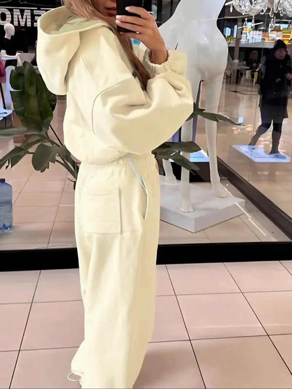 Ensemble ample à capuche avec cordon de serrage taille, couleur unie, style sport décontracté pour femme