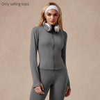 Giacca sportiva da donna con zip intera, maniche lunghe, vestibilità aderente, tessuto elasticizzato ad asciugatura rapida con fori per i pollici per corsa, yoga, palestra, allenamento, abbigliamento sportivo