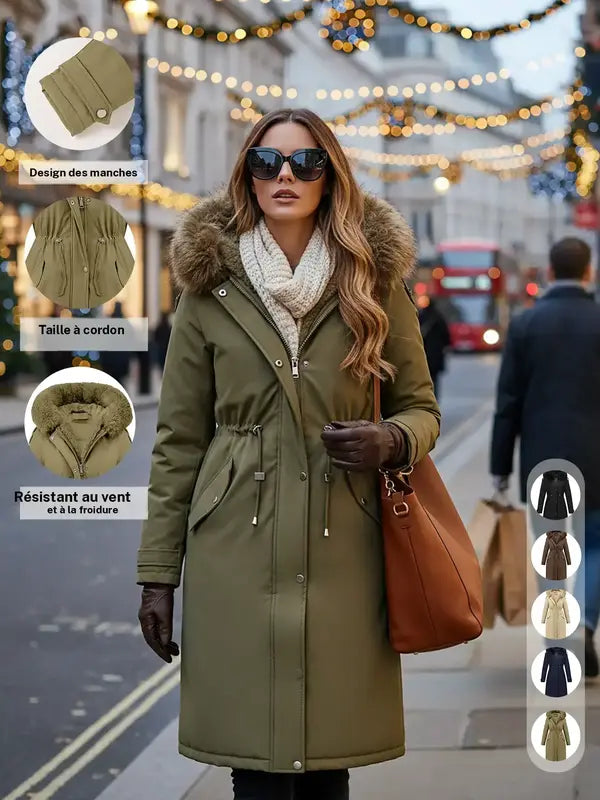 Manteau parka mi-long chaud et tendance pour femme automne-hiver, col en fausse fourrure, ceinture à cordon de serrage à la taille, coupe-vent, imperméable, résistant au froid