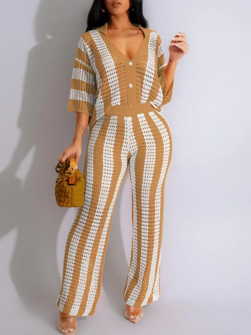 Ensemble deux pièces femme - Haut color block rayé découpé boutonné et pantalon large
