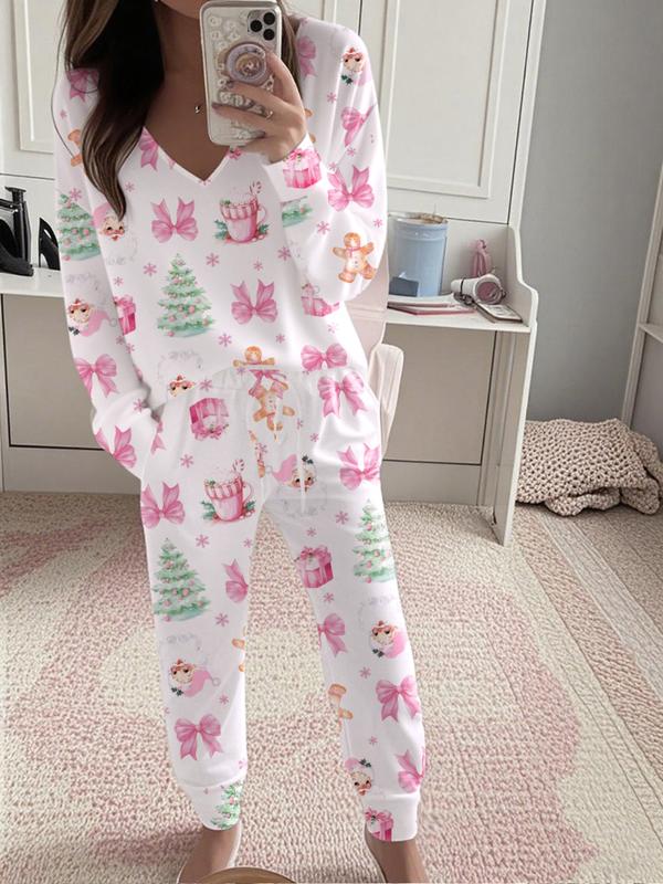 Completo casual da donna con stampa natalizia, top a maniche lunghe con scollo a V e pantaloni con cintura, pigiameria e abbigliamento da casa da donna, moda primavera e autunno