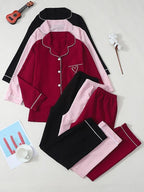 Ensemble de pyjama pour femme à revers de couleur unie, manches longues, broderie cœur, style décontracté, vêtement de nuit confortable, tenue d'intérieur