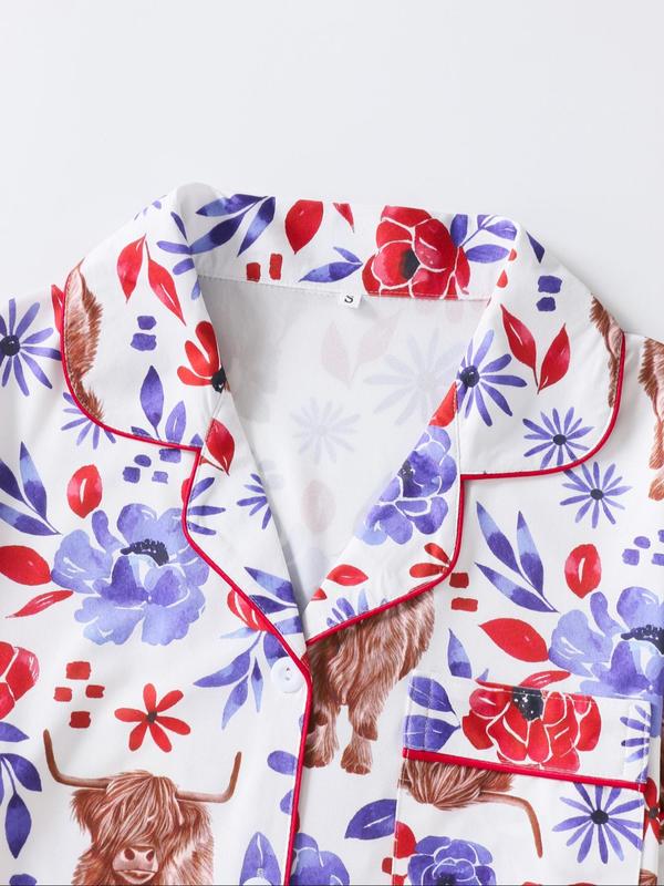 Ensemble de Pyjama Deux Pièces pour Femme, Motif Floral et Vache, Haut et Short à Manches Courtes, Décontracté et Confortable