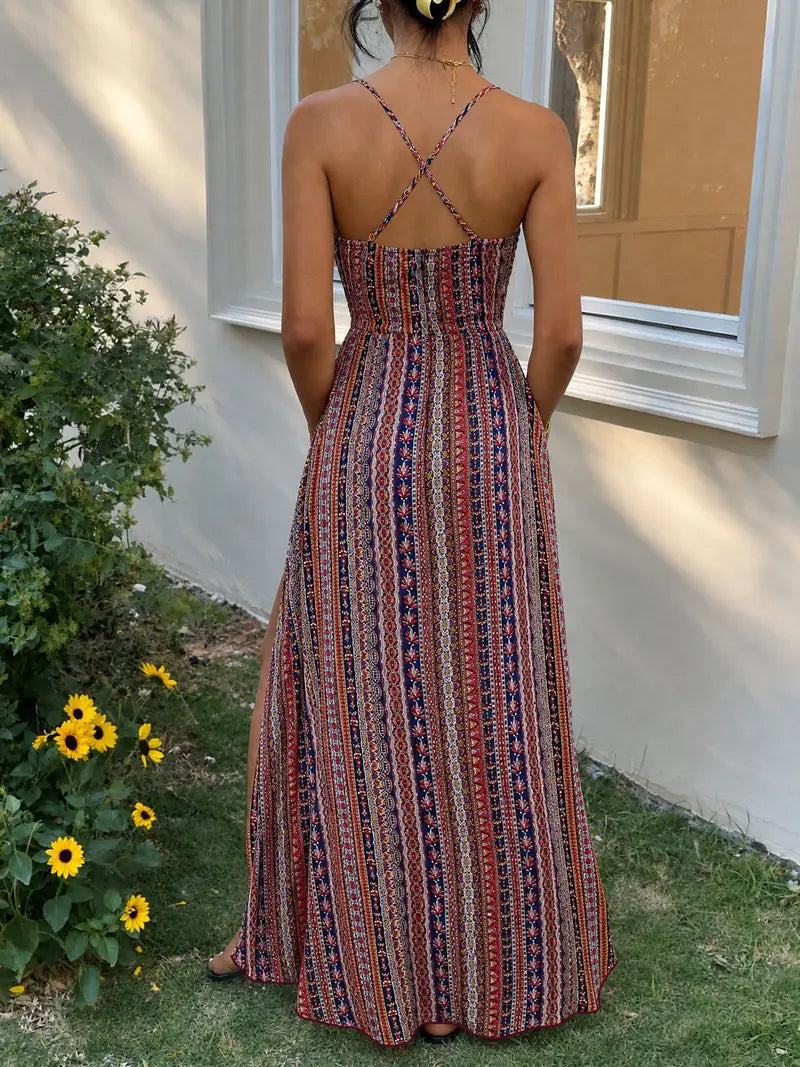 Robe caraco dos nu à imprimé ethnique pour femme