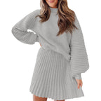 Ensembles 2 Pièces Femme 2025 Pulls Col Montant Manches Longues Côtelés et Mini-Jupe