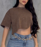 T-shirt court à col rond orné de strass pour femme