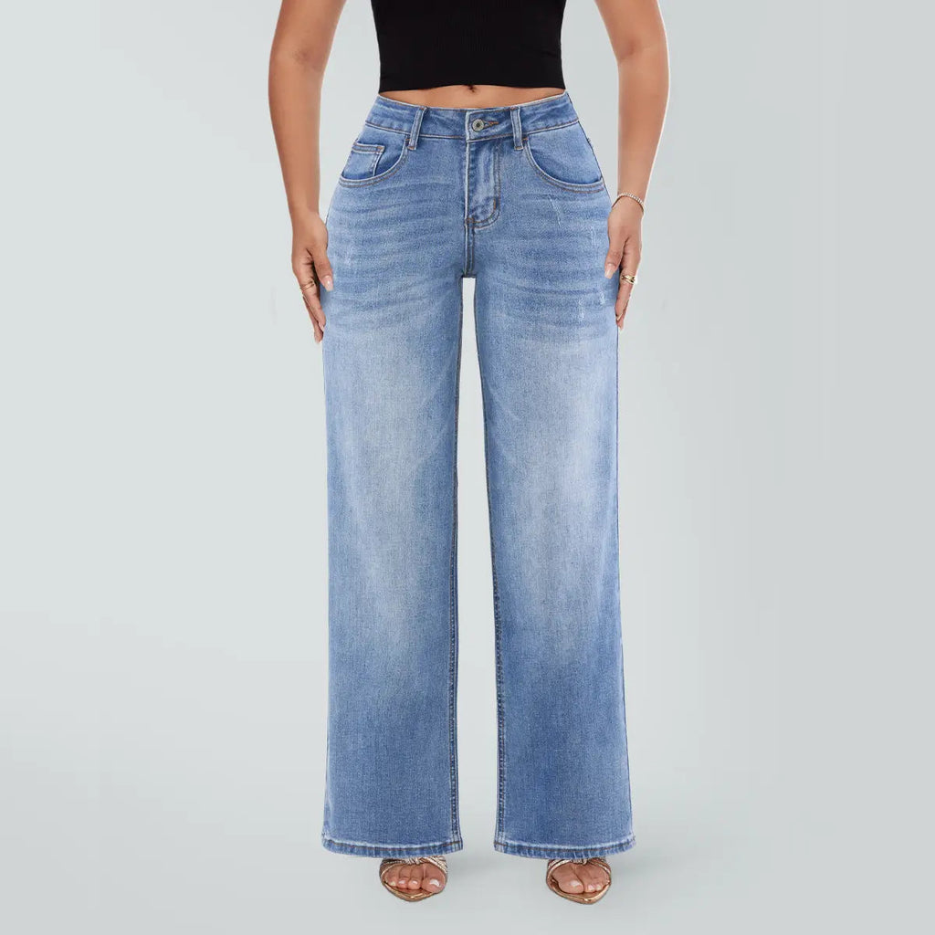 Magic SHAPUM Jeans BBL da Donna a Vita Media-Bassa, Gamba Larga, Vestibilità Comoda, Elasticizzati, in Denim, NERI, in Denim Elasticizzato, Gamba Larga, Jeans Larghi
