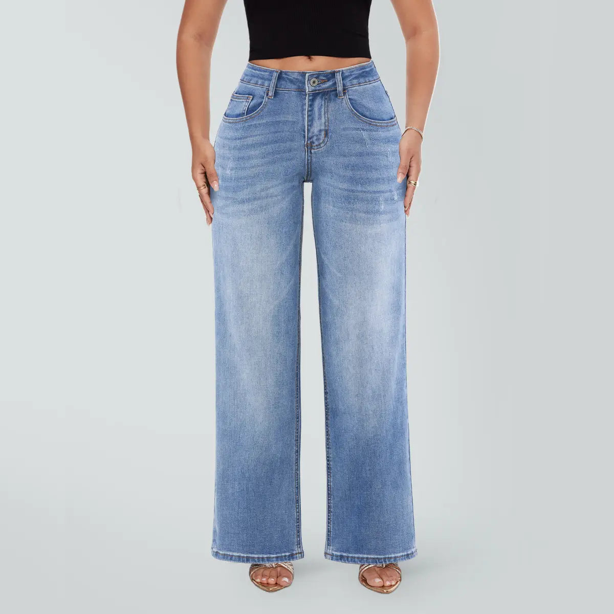 Magic SHAPUM Jeans BBL da Donna a Vita Media-Bassa, Gamba Larga, Vestibilità Comoda, Elasticizzati, in Denim, NERI, in Denim Elasticizzato, Gamba Larga, Jeans Larghi