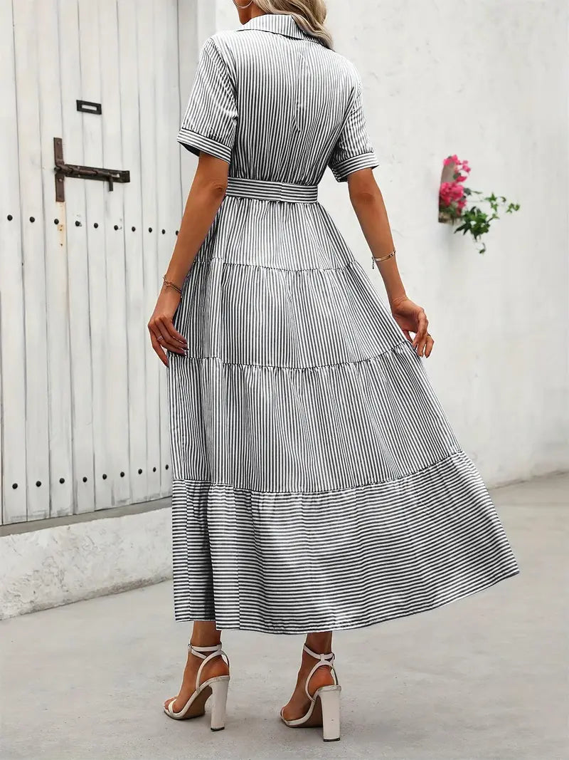 Robe longue décontractée et élégante pour femme avec ceinture imprimée à rayures, vêtements d'été pour femme, pour le quotidien