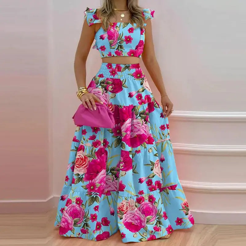 Ensemble deux pièces jupe longue et haut froncé couleur unie / imprimé floral pour femme, tenue décontractée bohème haut et jupe pour les vacances quotidiennes, pour femmes, pour l'été