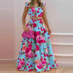 Ensemble deux pièces jupe longue et haut froncé couleur unie / imprimé floral pour femme, tenue décontractée bohème haut et jupe pour les vacances quotidiennes, pour femmes, pour l'été