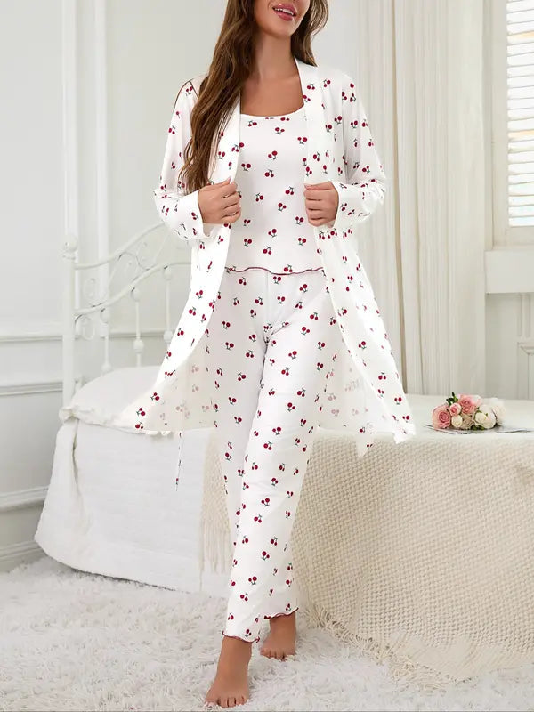 Ensemble nuisette et pantalon à bretelles pour femme à imprimé cerises