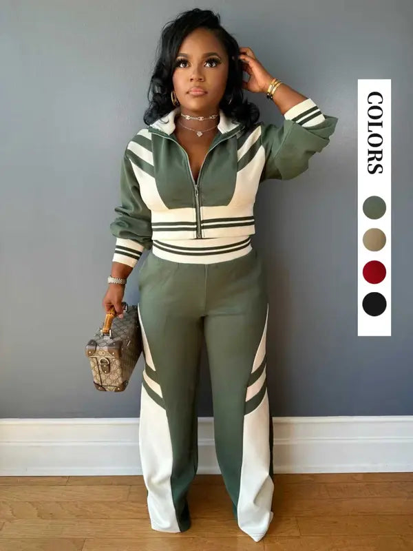 Ensemble deux pièces femme veste courte zippée à imprimé color block et pantalon, tenues décontractées, mode, confortables et respirantes pour le quotidien en extérieur, vêtements femme pour l'automne et l'hiver