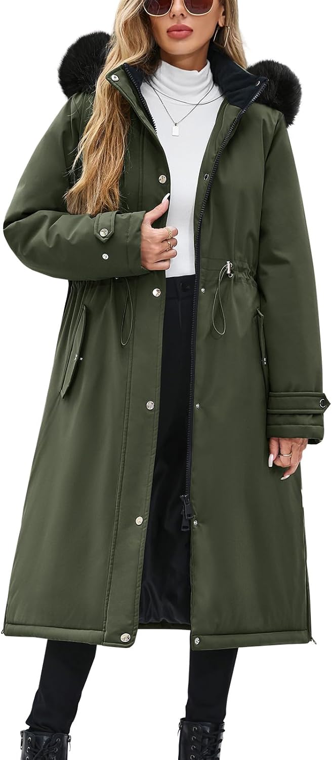 Manteaux longs pour femmes Manteaux longs chauds doublés en polaire d'hiver pour femmes, parka imperméable et coupe-vent, manteau avec fermeture éclair, boutons, cordon de serrage à la taille, avec poches et capuche amovible