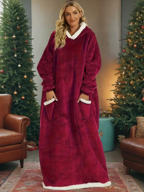 Robe longue à capuche en flanelle de coton mélangé automne-hiver, motif Noël, vêtement d'intérieur doux et confortable avec poche verticale, style uni décontracté