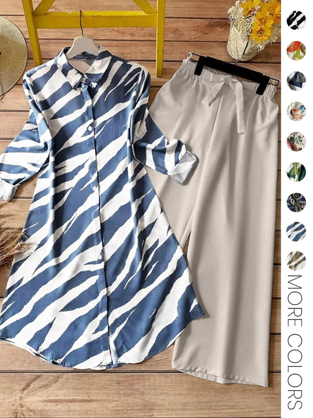 Set Due Pezzi da Donna Stampa All-Over Camicia Bottoni & Pantaloni a Gamba Larga, Top Casual a Maniche Lunghe con Colletto & Pantaloni per Uso Quotidiano, Abbigliamento Donna per Tutte le Stagioni