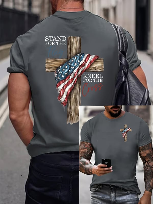 T-shirt casual da uomo con stampa "Stand For The Flag Kneel For The Cross"